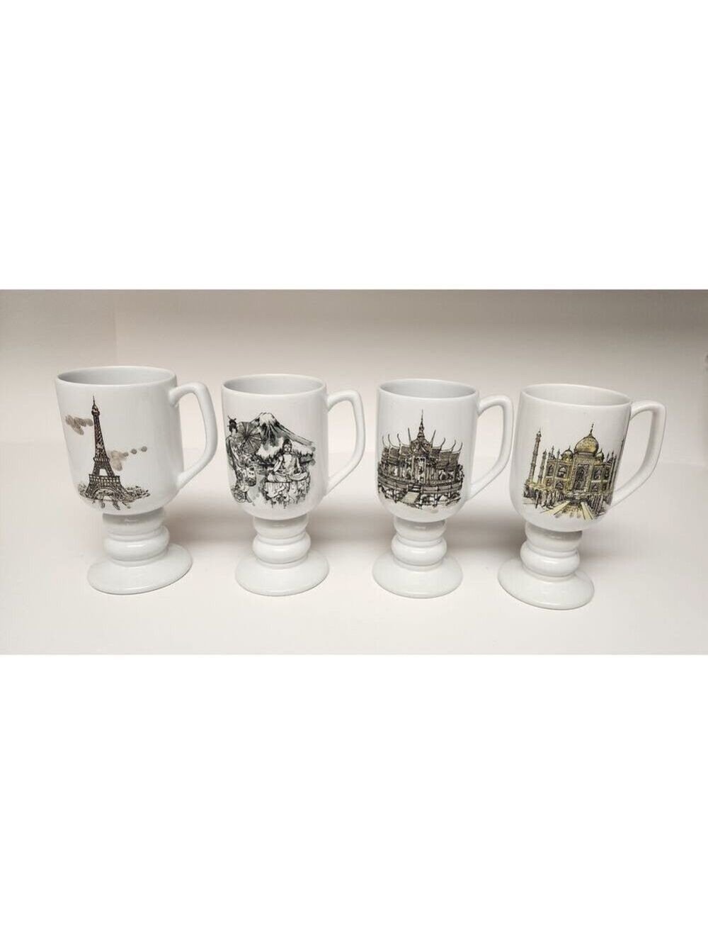 Kaysons International Pedestal Coffee Mugs Lot Of 4 Vtg 1965 Historical Landmark
